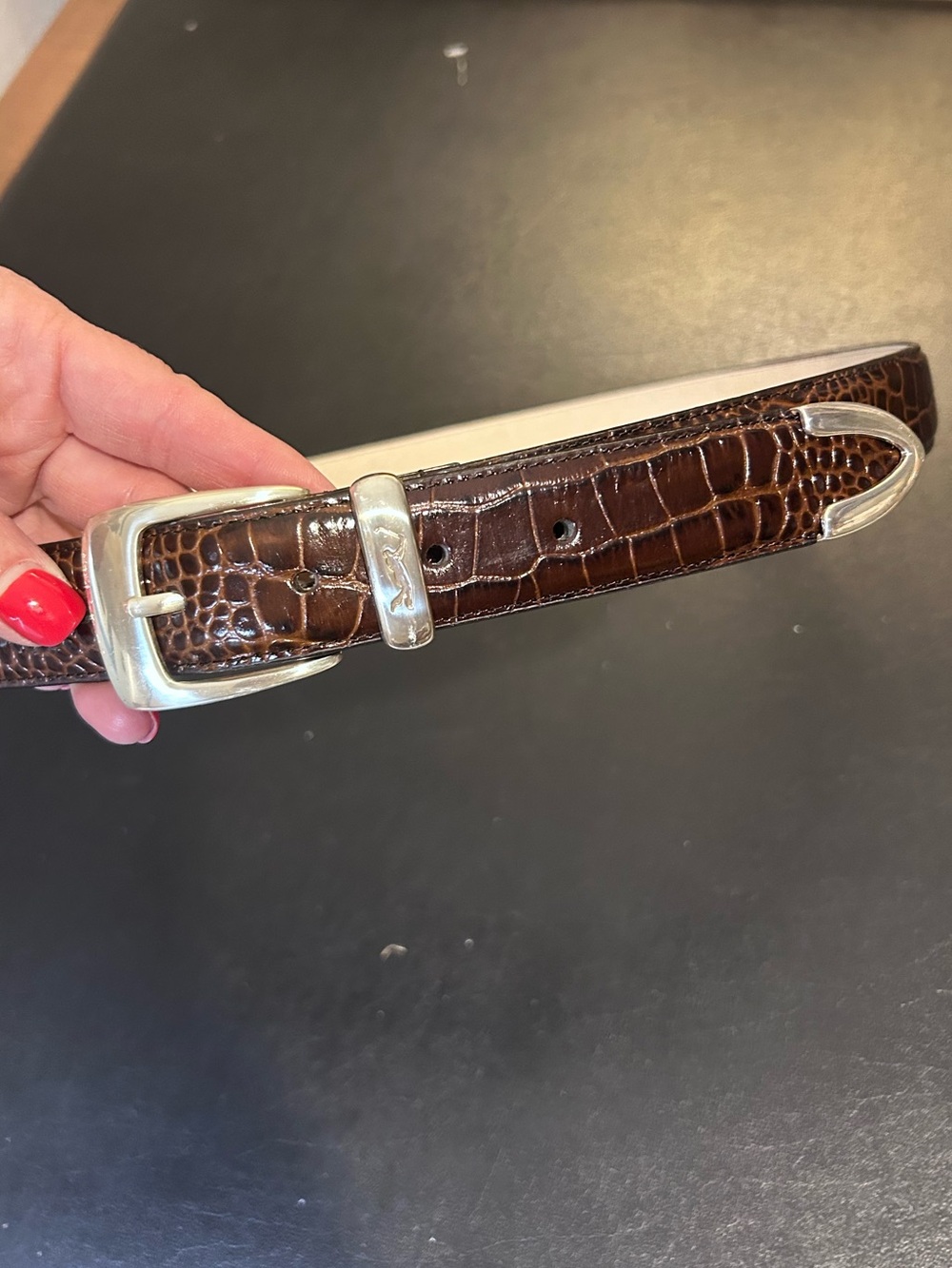 Silpada Brown Croc-Embossed Leather Belt with Silver Hardware